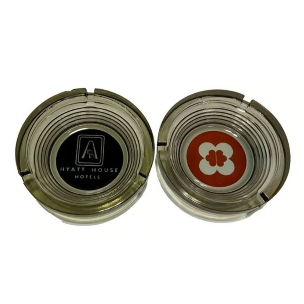 Vtg Hyatt House Hotels Glass Ashtrays Set Of 2 With Logos 4" diam smokey gray